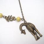 Antiqued Brass Leaf Giraffe Lemon Jade Necklace