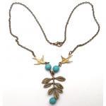 Antiqued Brass Leaf Bird Green Turquoise Necklace