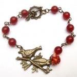 Antiqued Brass Bird Red Agate Bracelet
