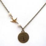 Antiqued Brass Tree Bird Pearl Necklace