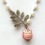 Antiqued Brass Leaf Pearl Porcelain Owl Necklace
