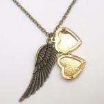 Antiqued Brass Wing Heart Locket Necklace