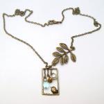 Antiqued Brass Leaf Bird Quartz Pearl Necklace