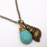 Antiqued Brass Conch Turquoise Necklace