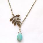Antiqued Brass Leaf Green Turquoise Necklace
