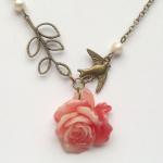 Antiqued Brass Leaf Bird Flower Pearl Necklace