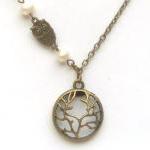 Antiqued Brass Tree Owl Pearl Necklace