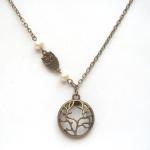 Antiqued Brass Tree Owl Pearl Necklace
