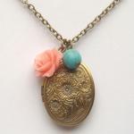 Antiqued Brass Flower Turquoise Locket Necklace