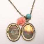 Antiqued Brass Flower Turquoise Locket Necklace