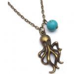 Antiqued Brass Octopus Turquoise Necklace
