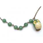 Antiqued Brass Green Jade Porcelain Owl Necklace