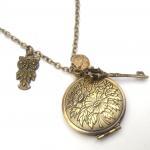 Antiqued Brass Owl Key Quartz Locket Necklace