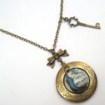 Antiqued Brass Key Porcelain Owl Locket Necklace