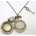 Antiqued Brass Key Porcelain Owl Locket Necklace