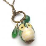 Antiqued Brass Green Quartz Jade Porcelain Owl..