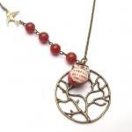Antiqued Brass Tree Red Agate Porcelain Owl..