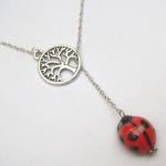 Silver Tree Porcelain Ladybug Lariat Necklace