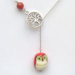 Silver Tree Agate Porcelain Owl Lariat Necklace