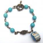 Antiqued Brass Branch Porcelain Owl Turquoise..