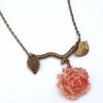 Antiqued Brass Branch Leaf Bird Flower Necklace