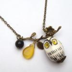 Antiqued Brass Leaf Agate Cat Eye Porcelain Owl..