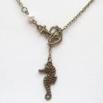 Antiqued Brass Anchor Seahorse Pearl Lariat..