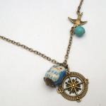 Antiqued Brass Compass Bird Turquoise Porcelain..