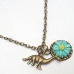 Antiqued Brass Dinosaur Flower Necklace
