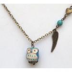 Antiqued Brass Wing Heart Turquoise Porcelain Owl..