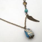 Antiqued Brass Wing Heart Turquoise Porcelain Owl..