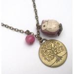Antiqued Brass Tree Jade Porcelain Owl Necklace