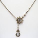 Antiqued Brass Helm Anchor Pearl Lariat Necklace