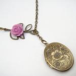 Antiqued Brass Flower Leaf Locket Lariat Necklace