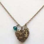 Antiqued Brass Owl Key Quartz Locket Necklace