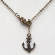 Antiqued Brass Mermaid Anchor Lariat Necklace