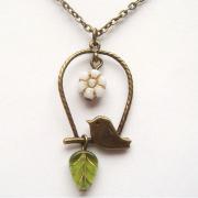 Antiqued Brass Bird Green Czech Glass Flower Leaf Necklace