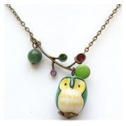 Antiqued Brass Leaf Jade Porcelain Owl Necklace