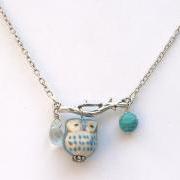 Silver Leaf Turquoise Quartz Porcelain Owl Necklace