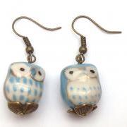 Antiqued Brass Leaf Porcelain Owl Earrings