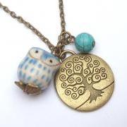 Antiqued Brass Tree Turquoise Porcelain Owl Necklace