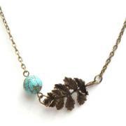 ON SALE - Antiqued Brass Leaf Green Turquoise Necklace
