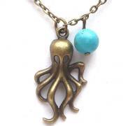 Antiqued Brass Octopus Turquoise Necklace