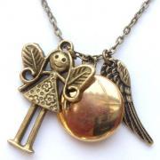 Antiqued Brass Girl Disc Locket Wing Necklace