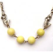 Antiqued Brass Mermaid Butter Jade Round Bead Necklace