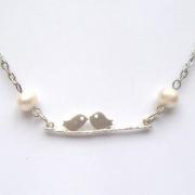 Silver Bird on Branch Pearl Necklace
