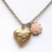 Antiqued Brass Flower Heart Locket Necklace