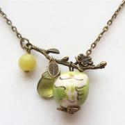 Antiqued Brass Leaf Quartz Jade Porcelain Owl Necklace