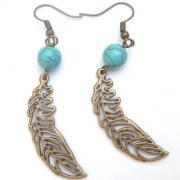 Antiqued Brass Leaf Turquoise Earrings