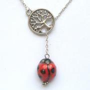 Silver Tree Porcelain Ladybug Lariat Necklace